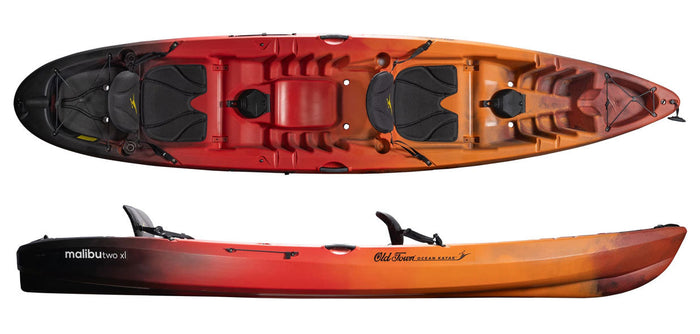 Tandem kayak with gradient colorway showing top deck view and side profile