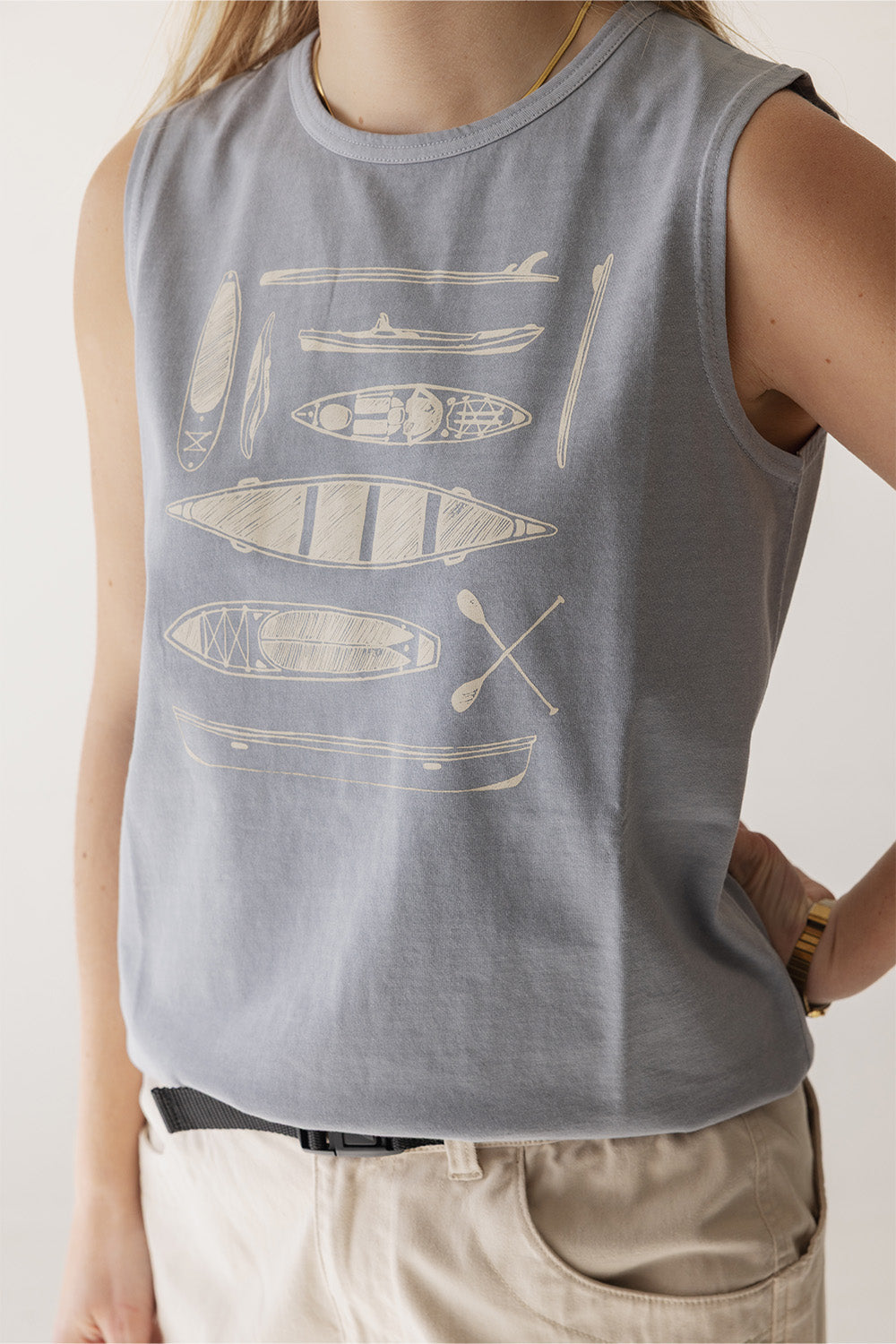 Light gray sleeveless tank top with kayak and paddle illustrations, modeled front view