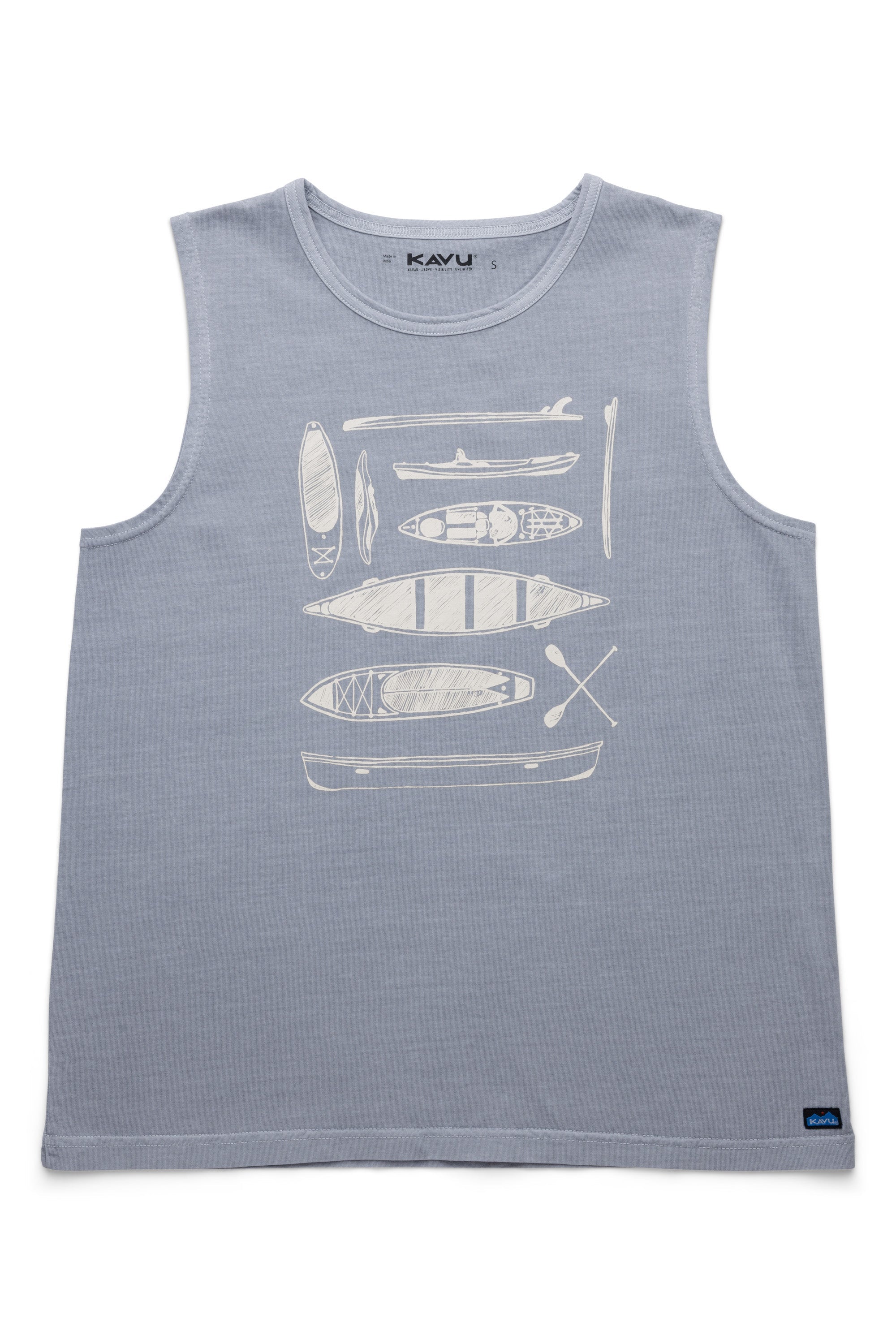 Light blue sleeveless tank top with white canoe and kayak illustrations, front view