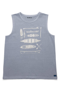 Light blue sleeveless tank top with white canoe and kayak illustrations, front view