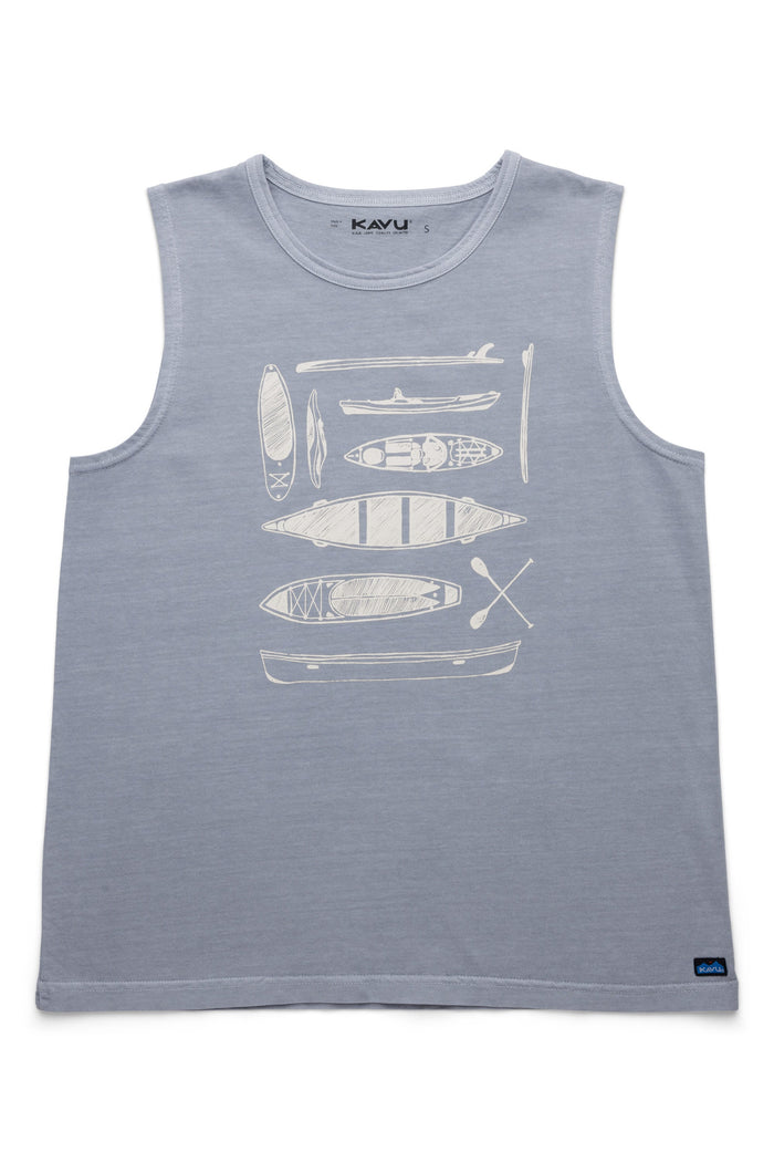 Light blue sleeveless tank top with white canoe and kayak illustrations, front view