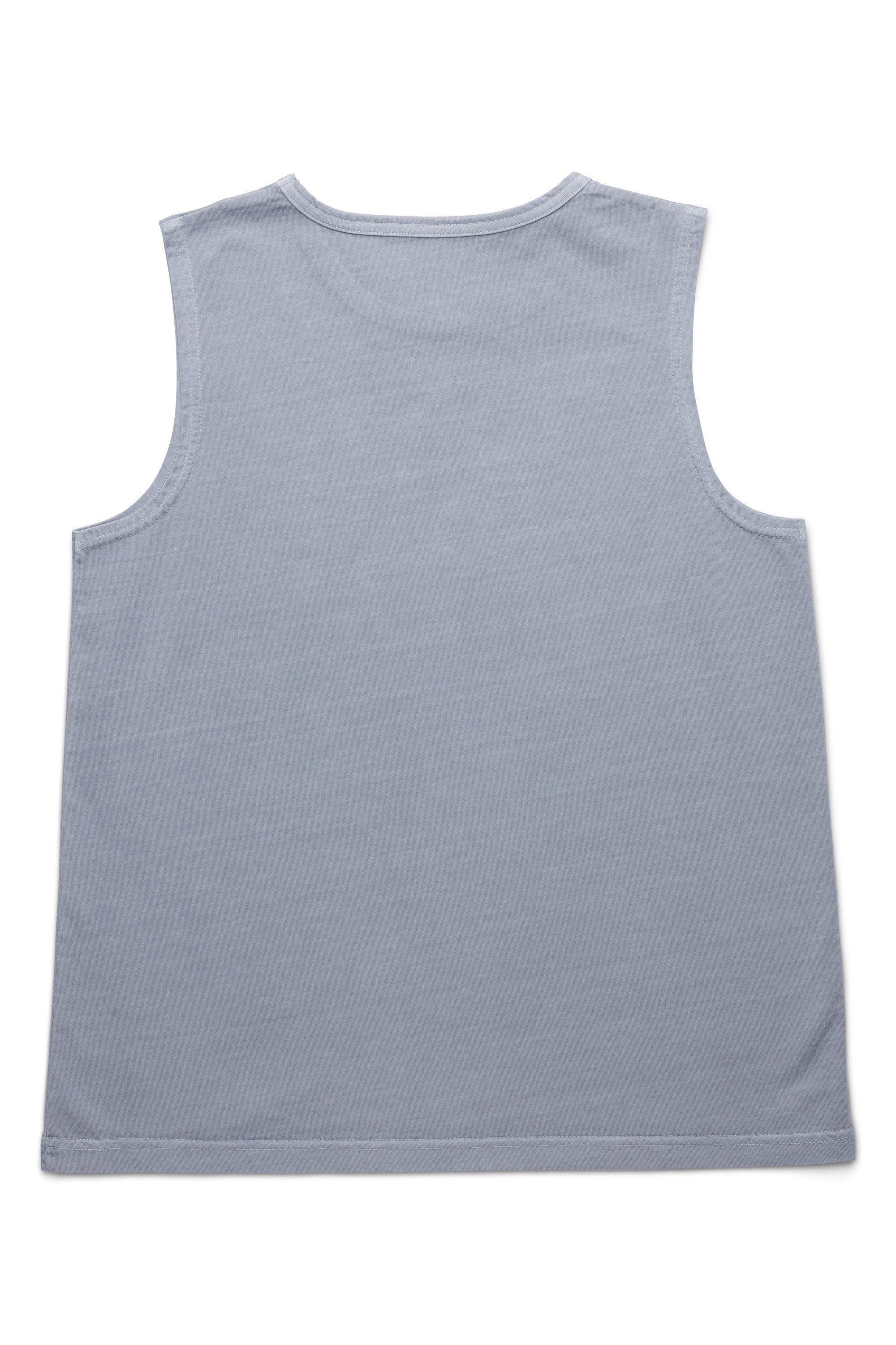 Light blue-gray sleeveless tank top laid flat, back view showing clean design