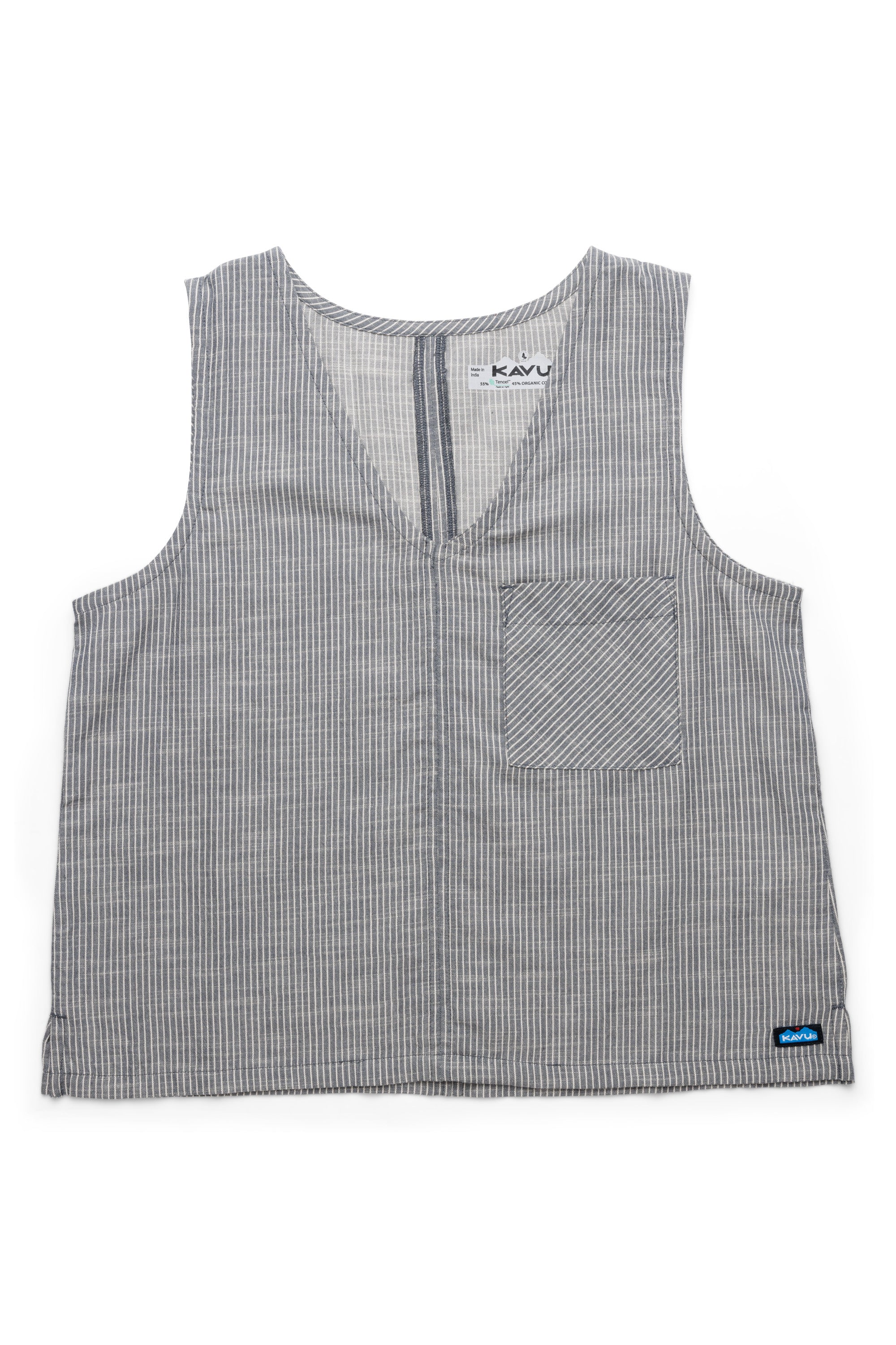 Gray pinstriped sleeveless top with chest pocket and partial front zipper, flat lay view