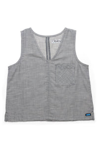 Gray pinstriped sleeveless top with chest pocket and partial front zipper, flat lay view