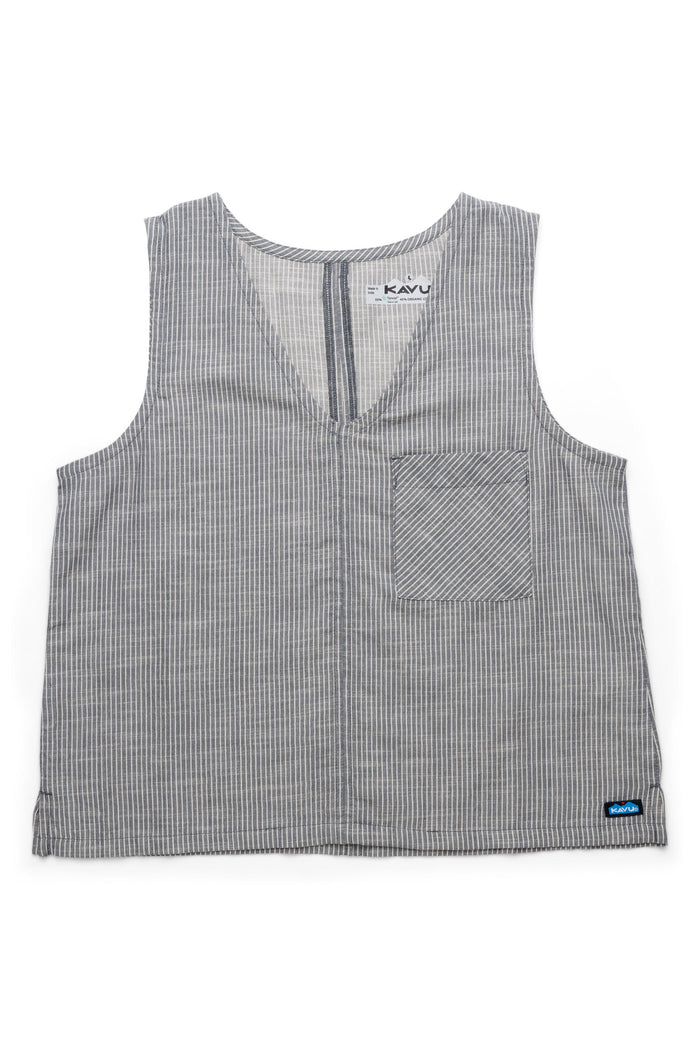 Gray pinstriped sleeveless top with chest pocket and partial front zipper, flat lay view