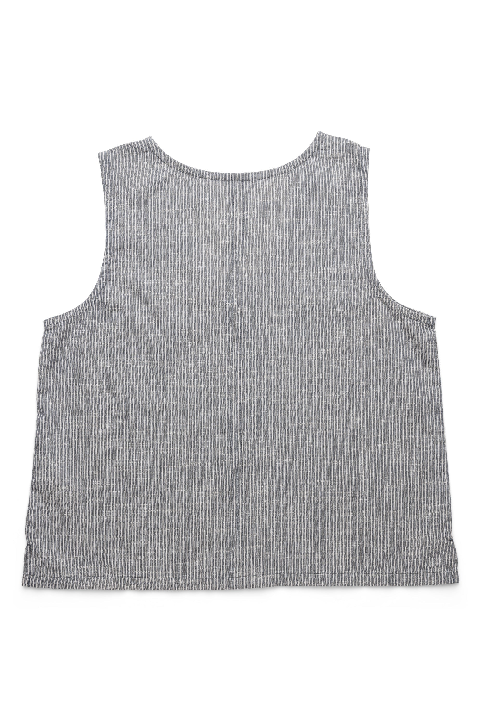 Gray pinstriped sleeveless top with rounded neckline laid flat on white background