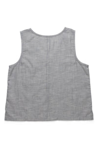 Gray pinstriped sleeveless top with rounded neckline laid flat on white background
