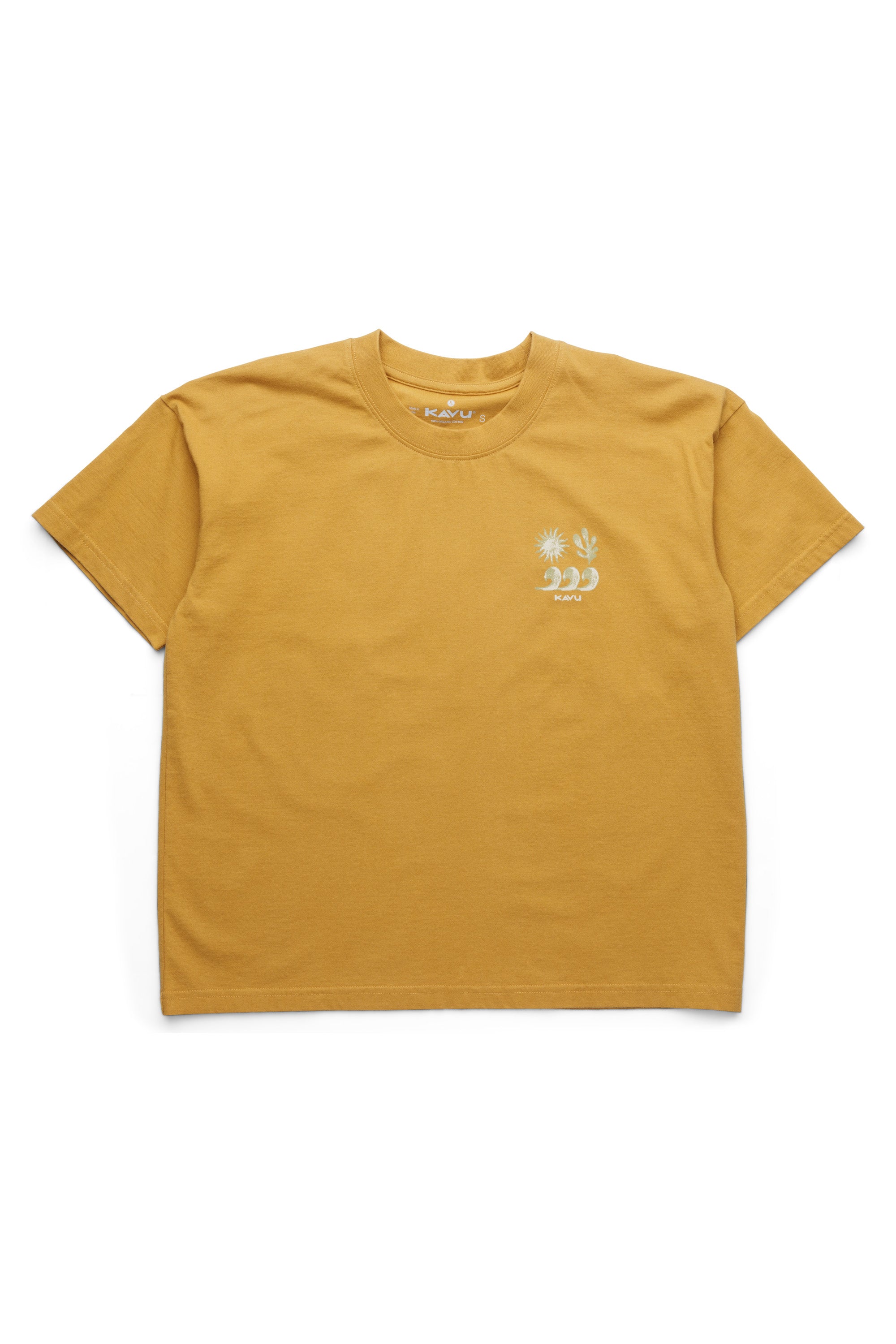 Mustard yellow short-sleeve t-shirt with small white graphic design on chest, front view