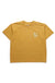 Mustard yellow short-sleeve t-shirt with small white graphic design on chest, front view