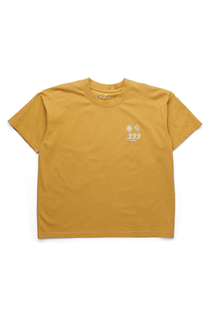 Mustard yellow short-sleeve t-shirt with small white graphic design on chest, front view