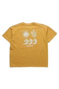 Golden yellow t-shirt with sun, cactus, and wave graphics on back, flat lay view