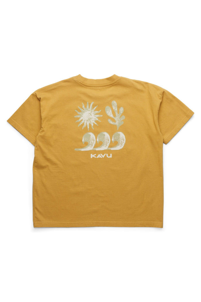 Golden yellow t-shirt with sun, cactus, and wave graphics on back, flat lay view