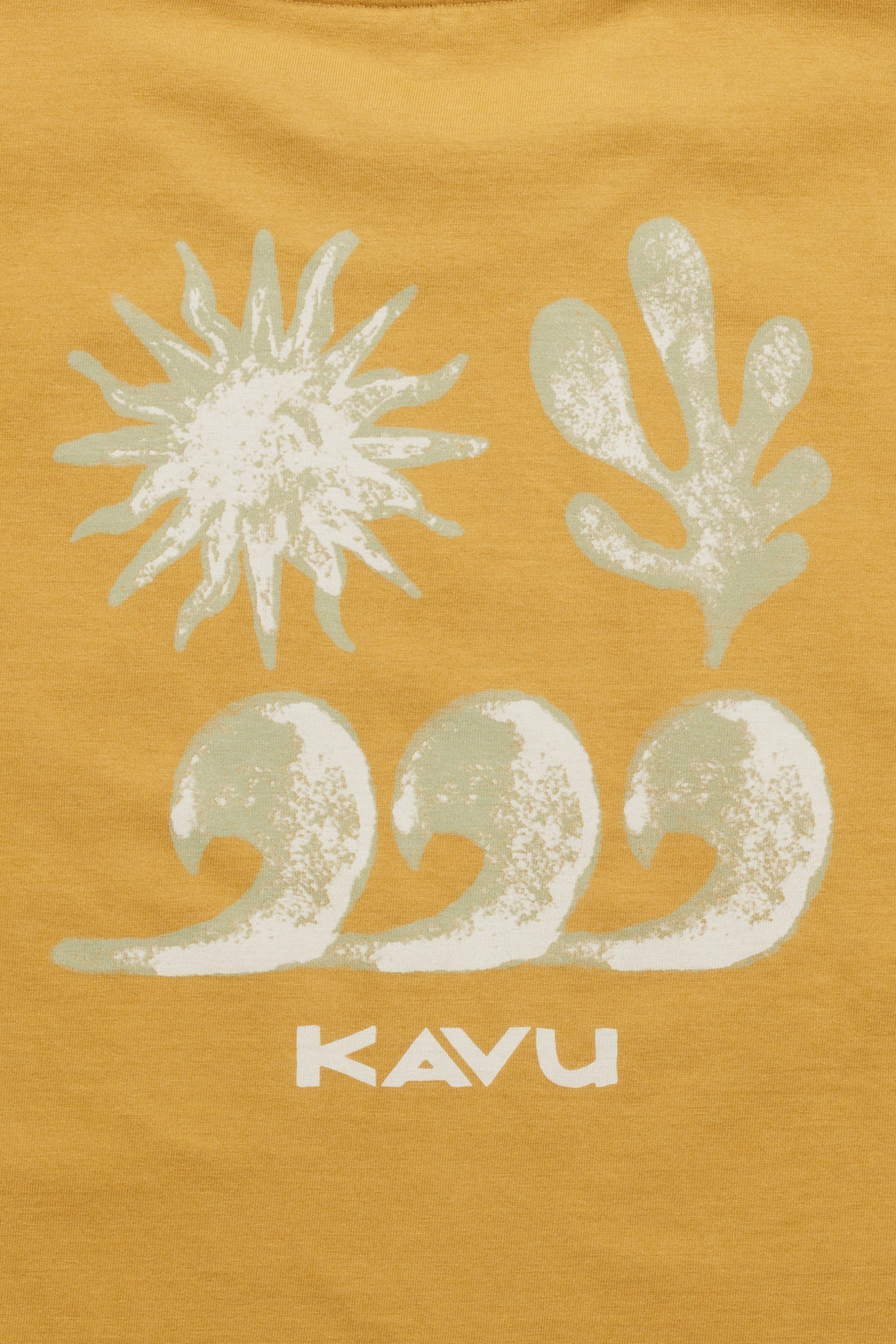 Golden yellow t-shirt with white sun, coral, and wave graphics displayed flat