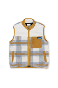 Sleeveless sherpa fleece vest with plaid pattern, full zip, and corduroy chest pocket, front view