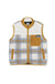 Sleeveless sherpa fleece vest with plaid pattern, full zip, and corduroy chest pocket, front view