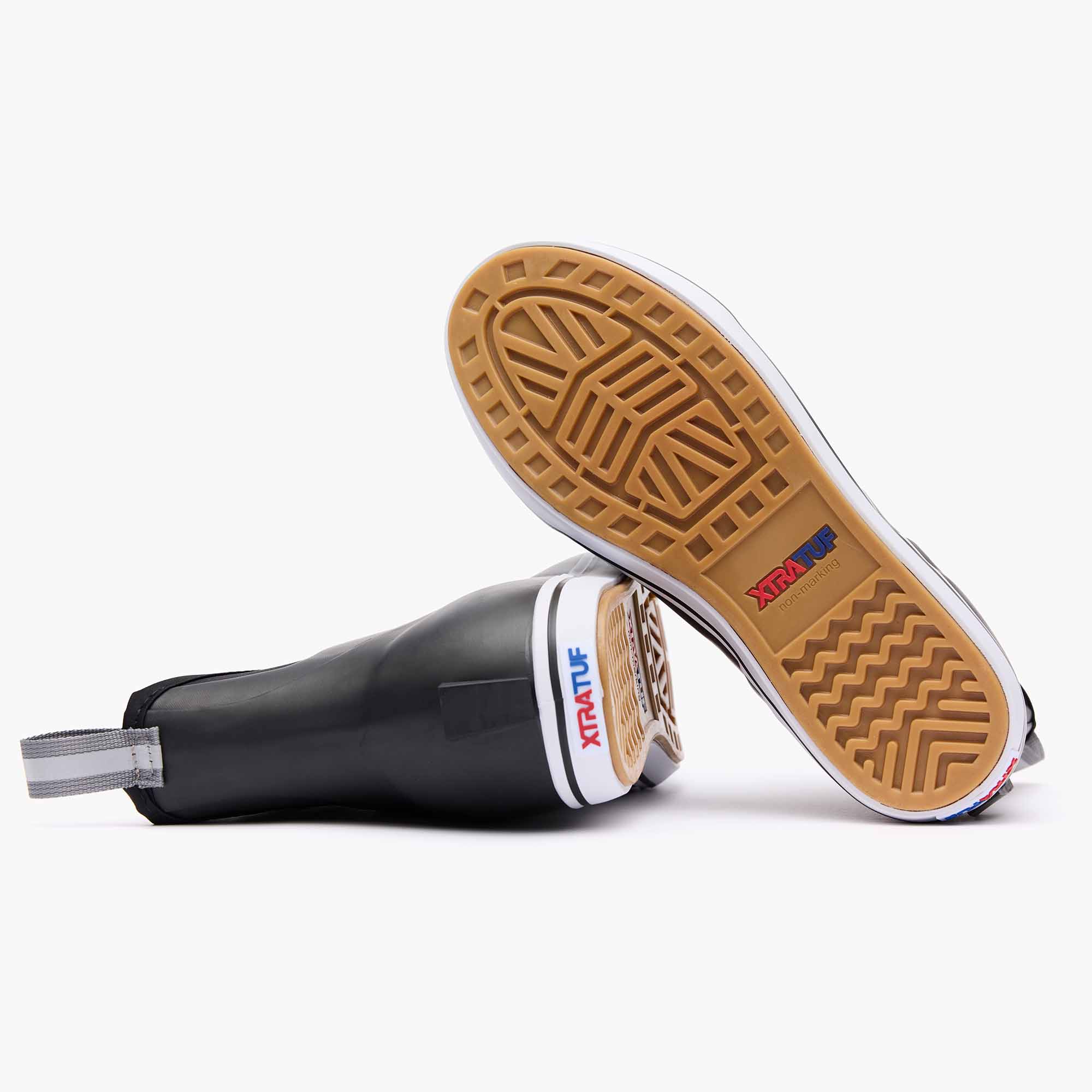Ankle deck boots shown from two angles revealing black exterior and tan non-slip rubber outsole