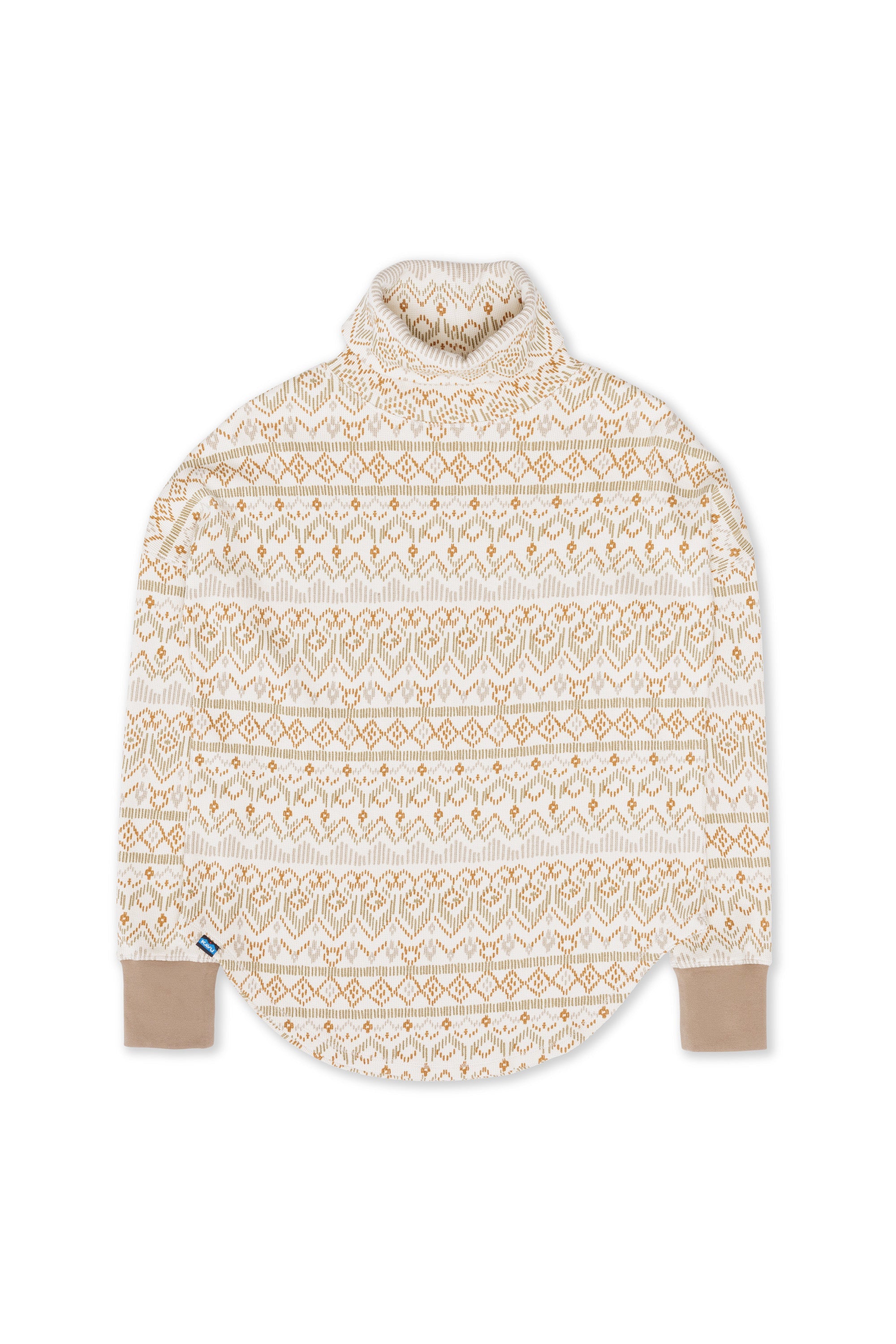 Women's turtleneck pullover sweater with Fair Isle pattern in cream and gold, flat lay view