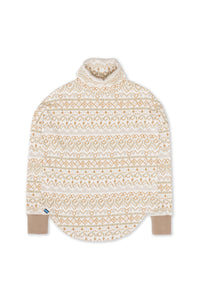Women's turtleneck pullover sweater with Fair Isle pattern in cream and gold, flat lay view