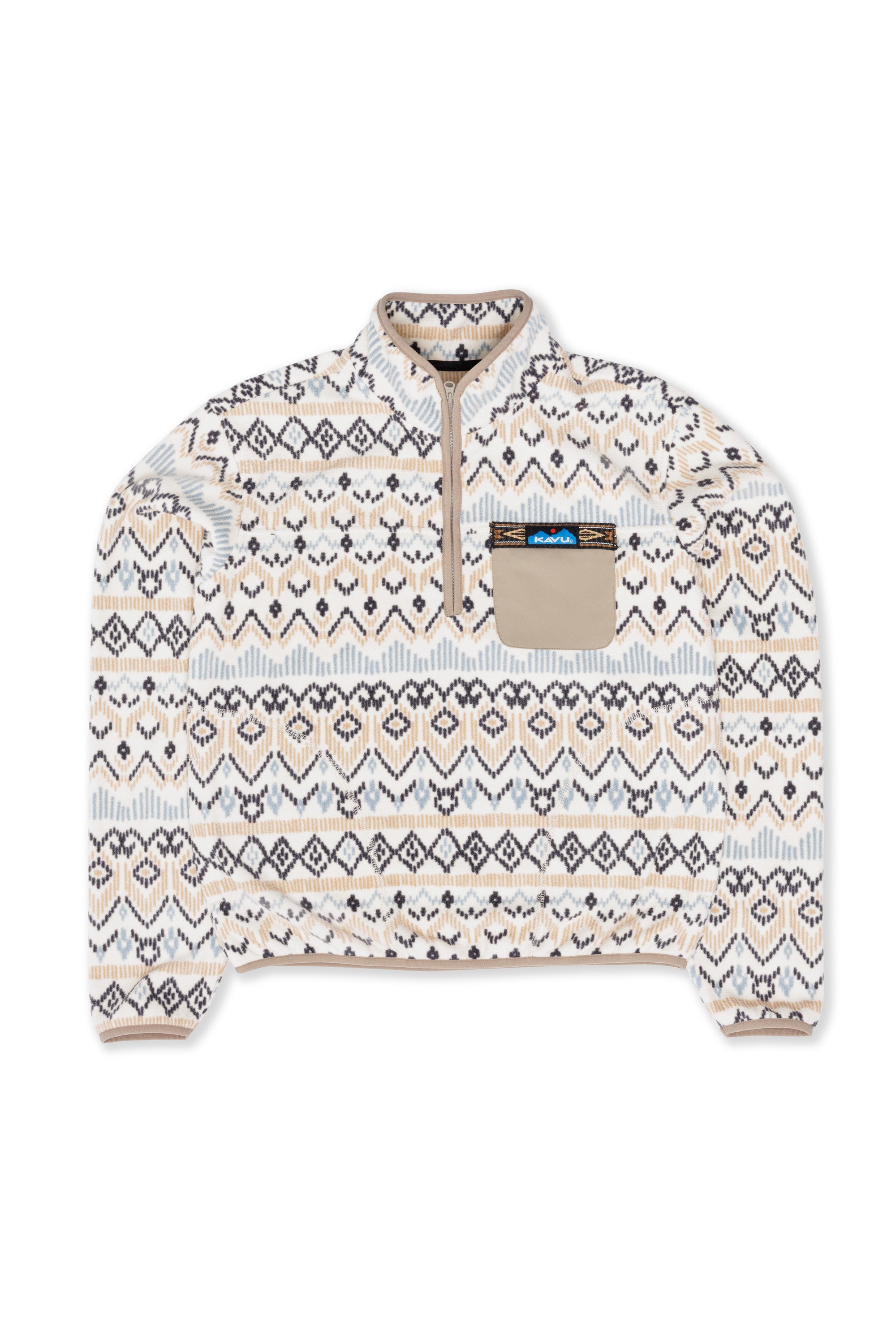 Women's quarter-zip fleece pullover with geometric Fair Isle pattern and chest pocket, front view