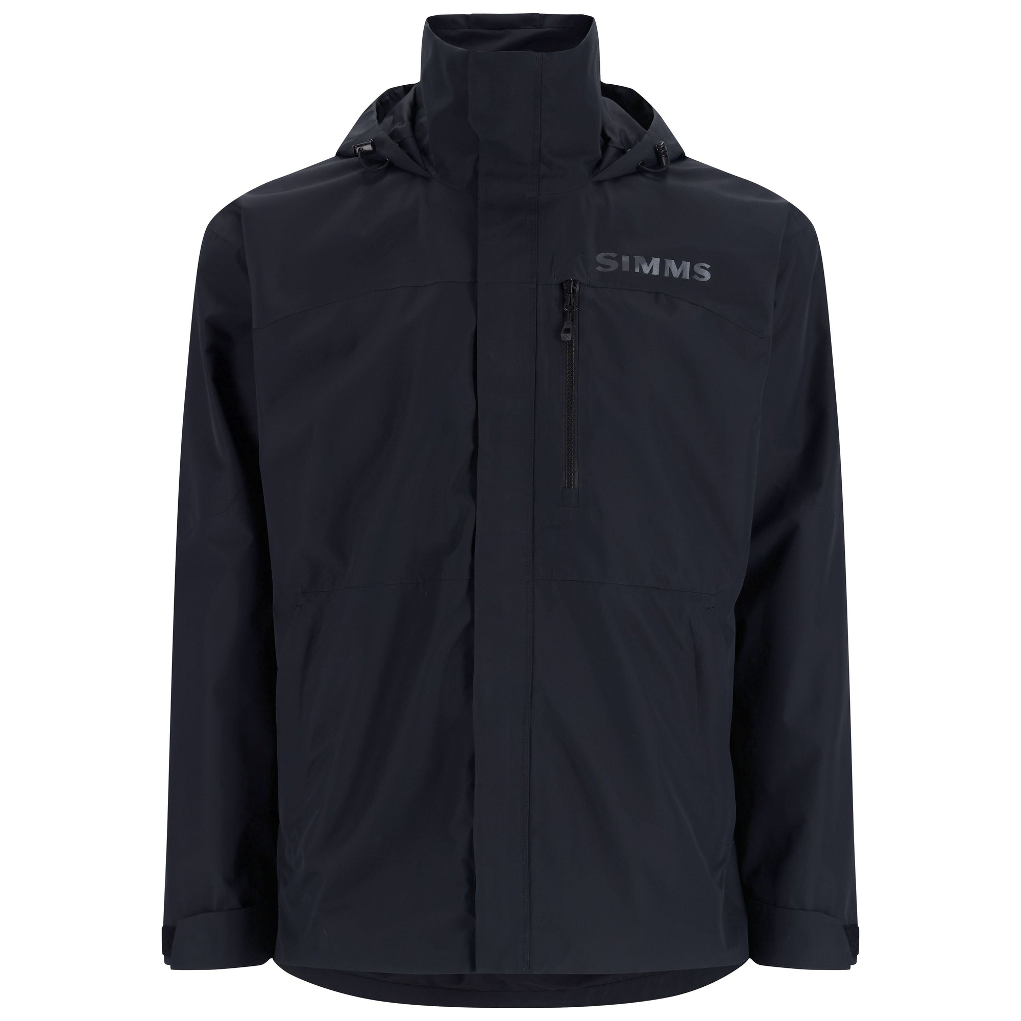 Dark hooded jacket with chest zip pocket and high collar, front view