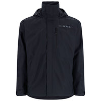 Dark hooded jacket with chest zip pocket and high collar, front view