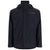 Dark hooded jacket with chest zip pocket and high collar, front view