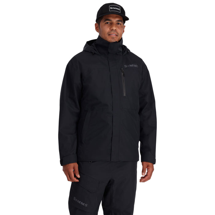 Black outdoor jacket with hood and chest pocket worn by model on white background
