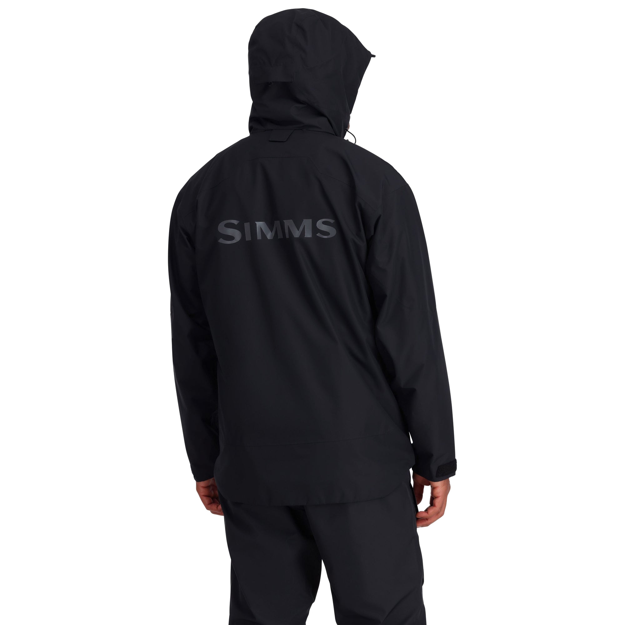 Black hooded jacket shown from back view with brand logo visible