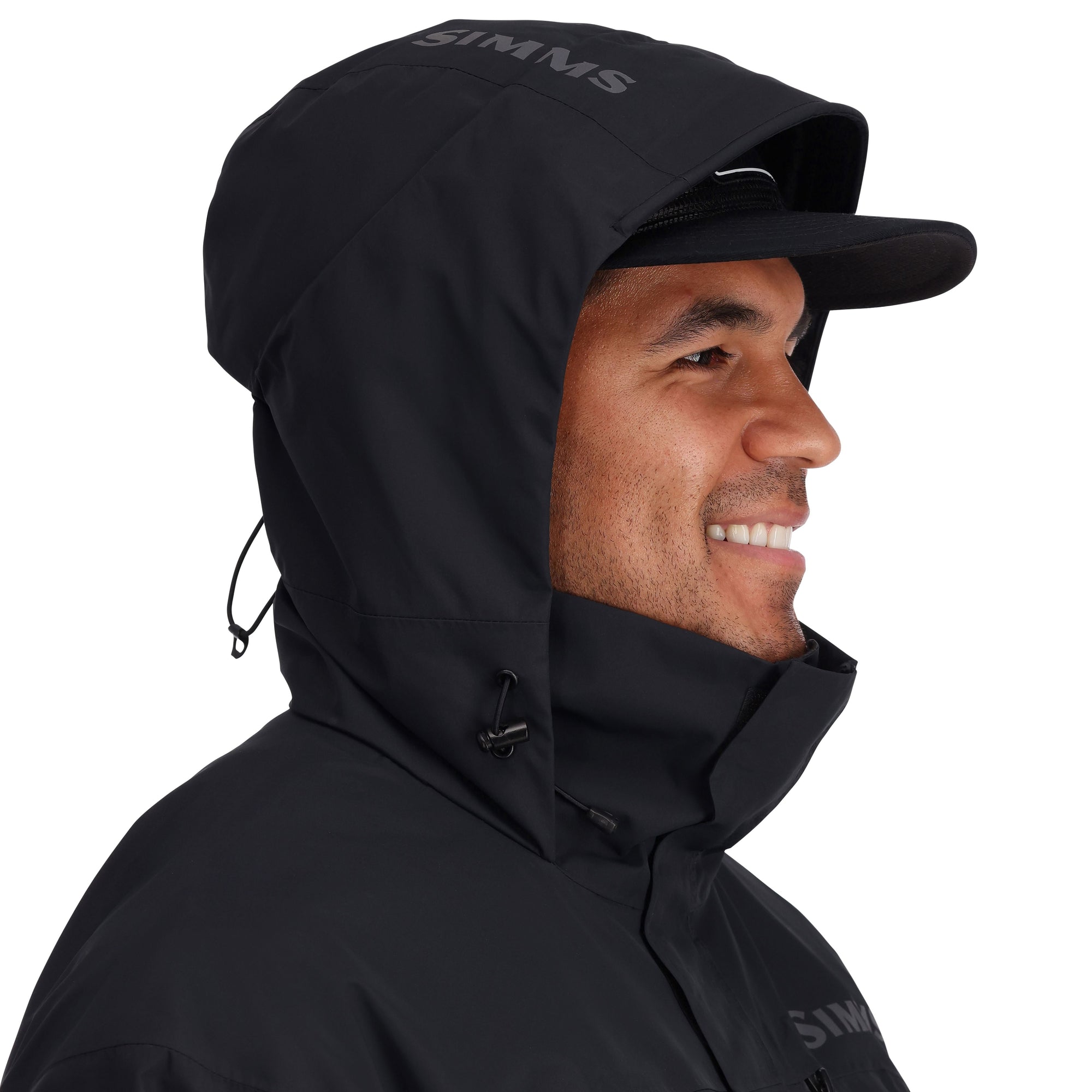 Black hooded jacket with adjustable hood and high collar, side profile view