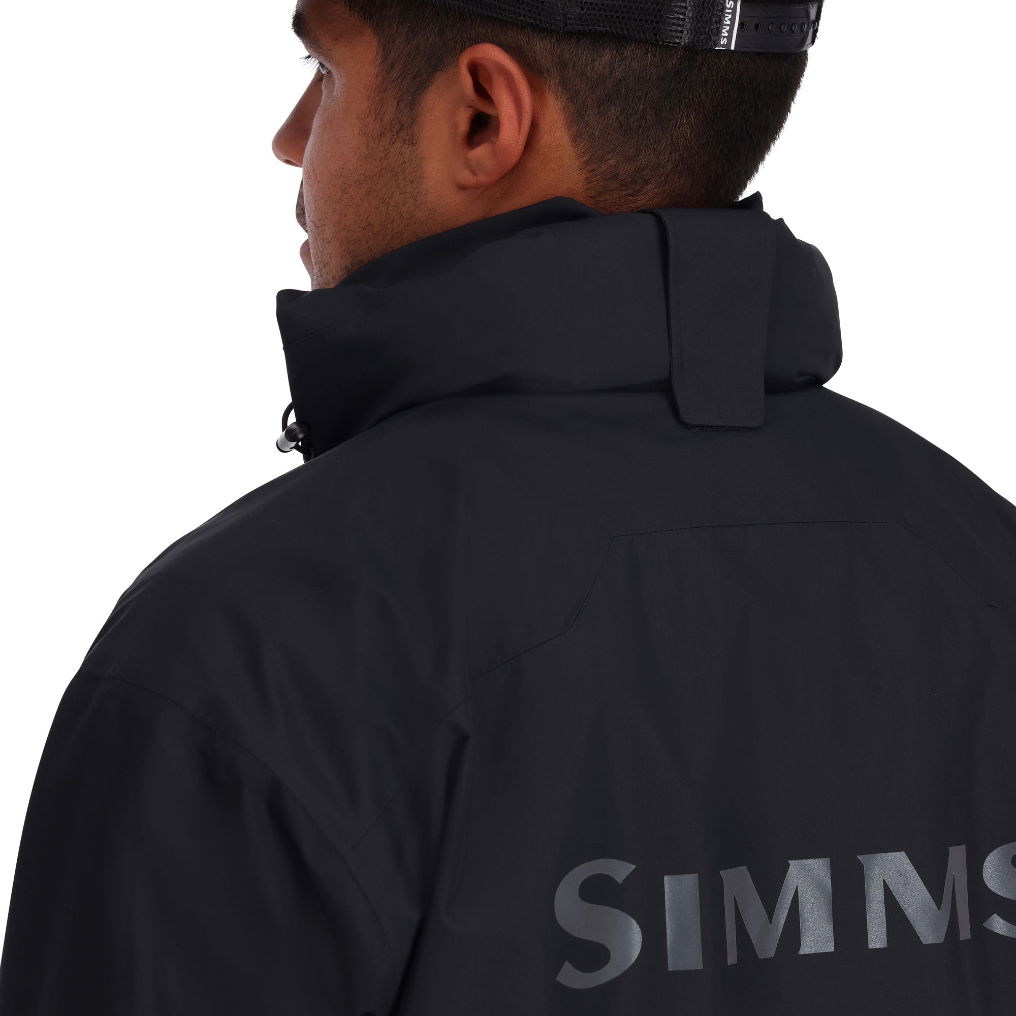 Black insulated jacket with hood shown from behind, displaying back branding