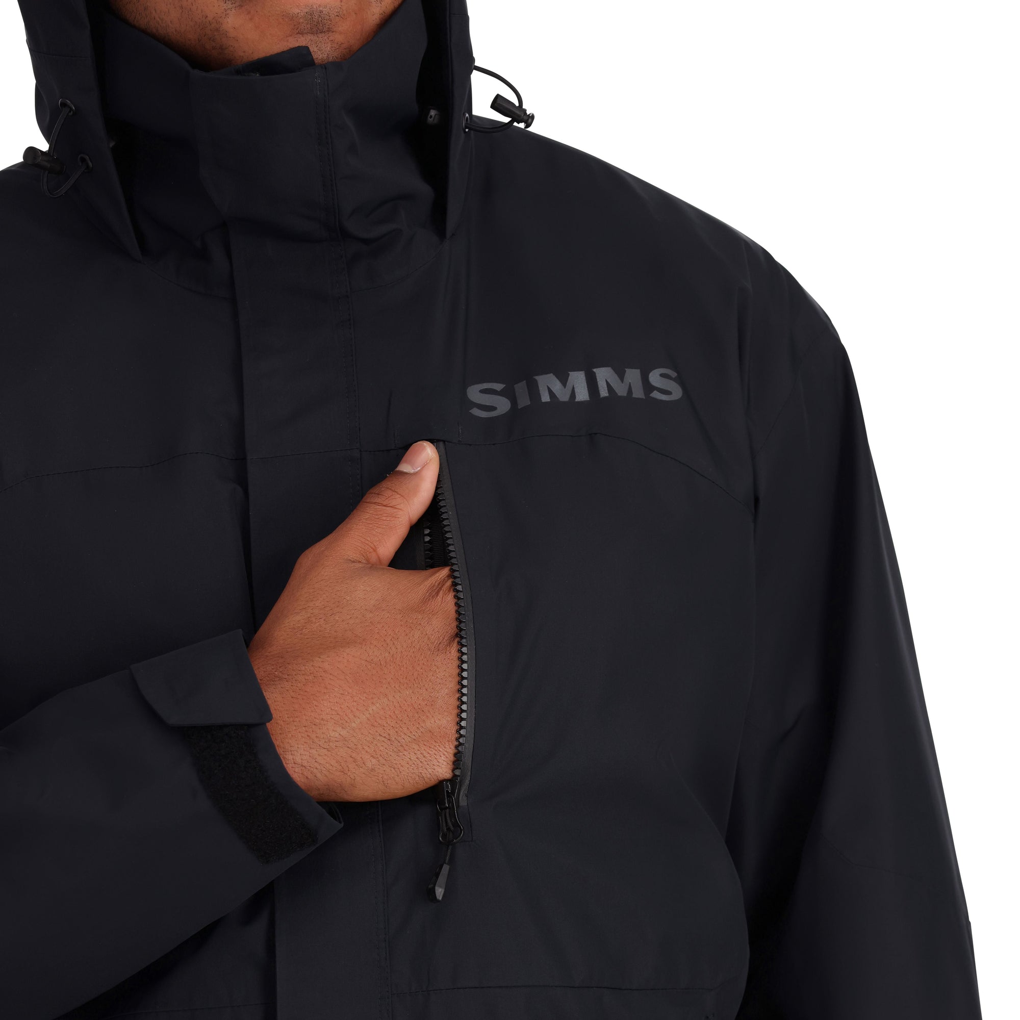 Black hooded outdoor jacket with chest pocket and zipper closure detail