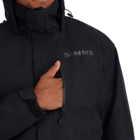 Black hooded outdoor jacket with chest pocket and zipper closure detail