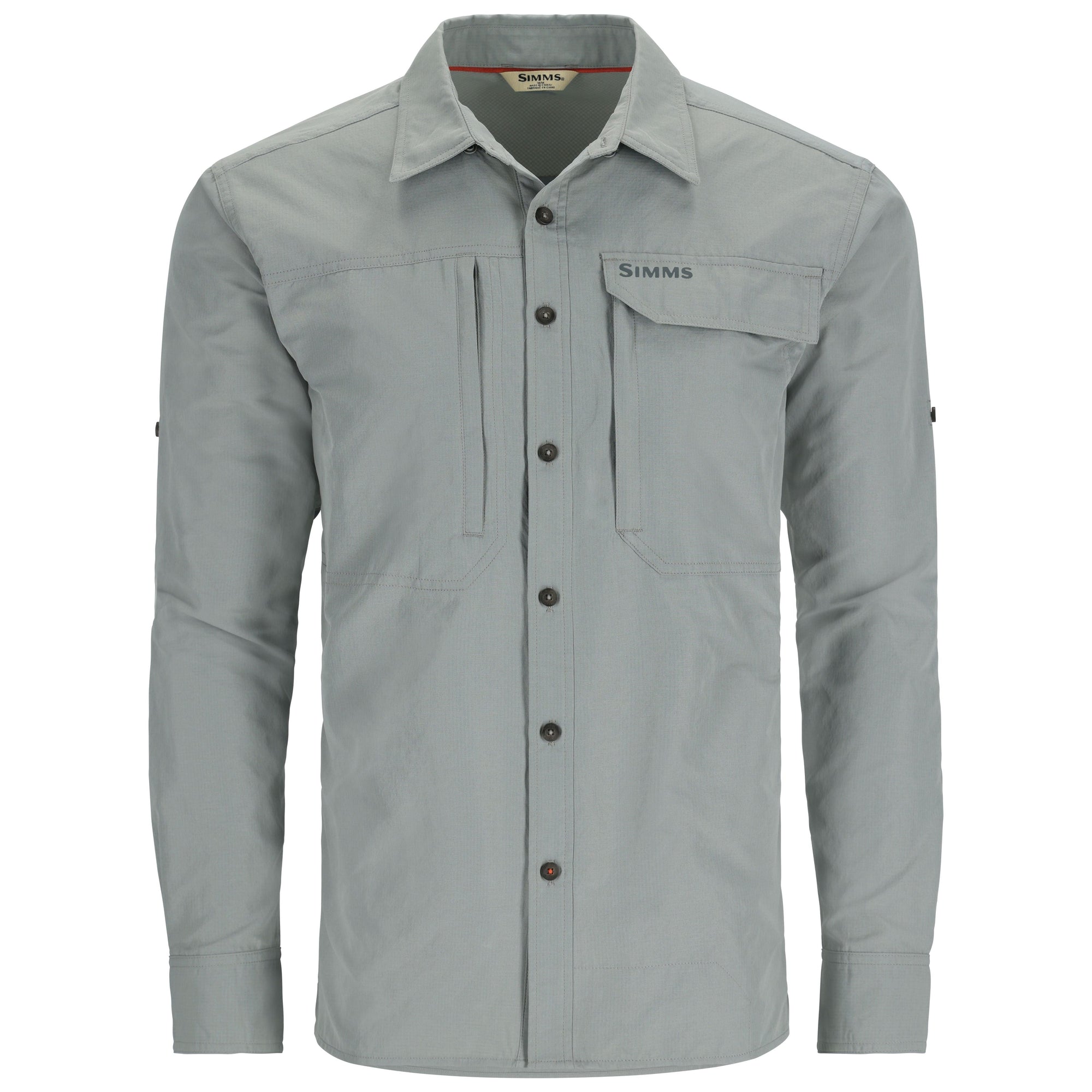 Light green long-sleeve button-up shirt with chest pockets and rolled sleeve tabs, front view