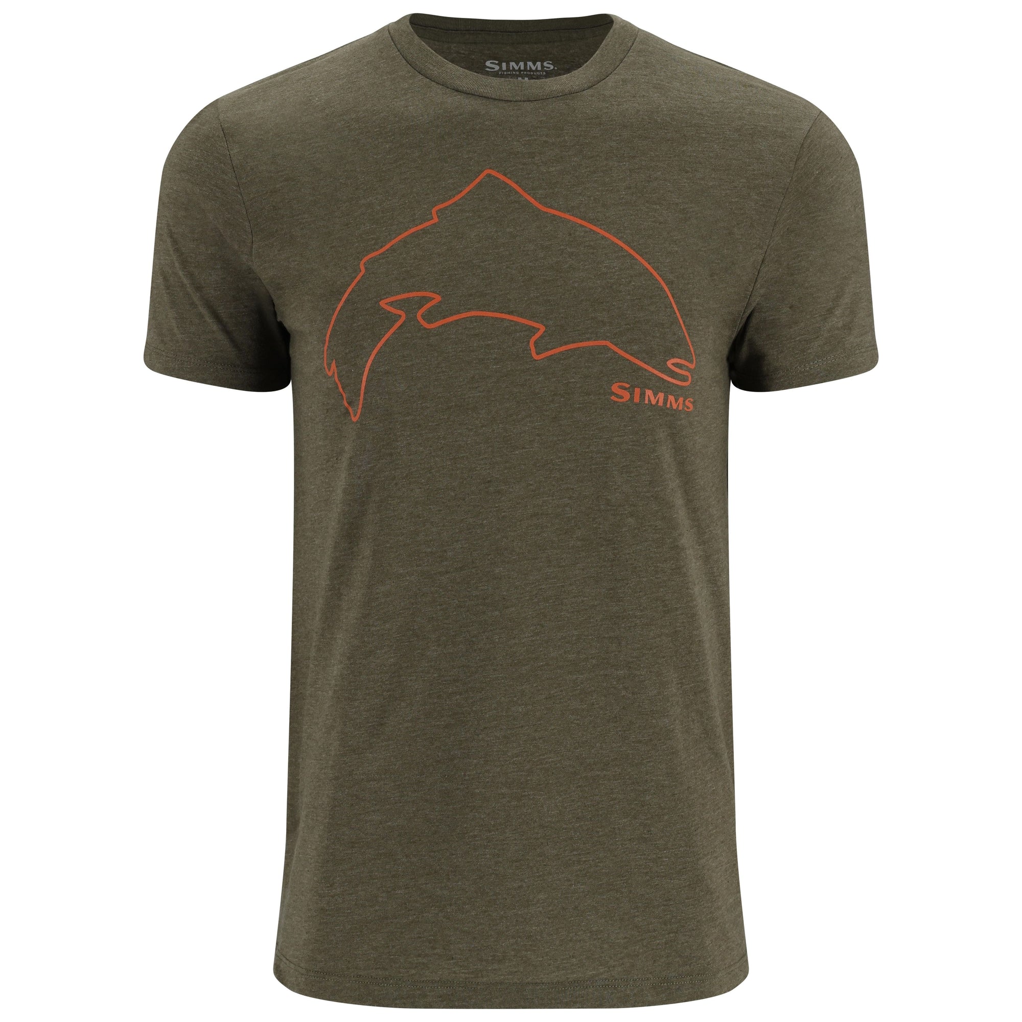Olive green heathered short sleeve t-shirt with orange trout outline graphic on chest