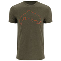 Olive green heathered short sleeve t-shirt with orange trout outline graphic on chest