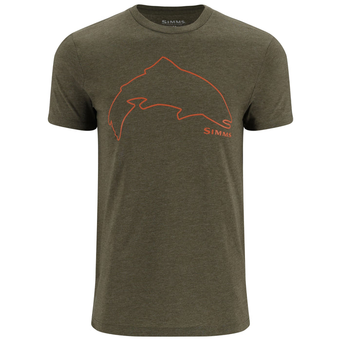 Olive green heathered short sleeve t-shirt with orange trout outline graphic on chest