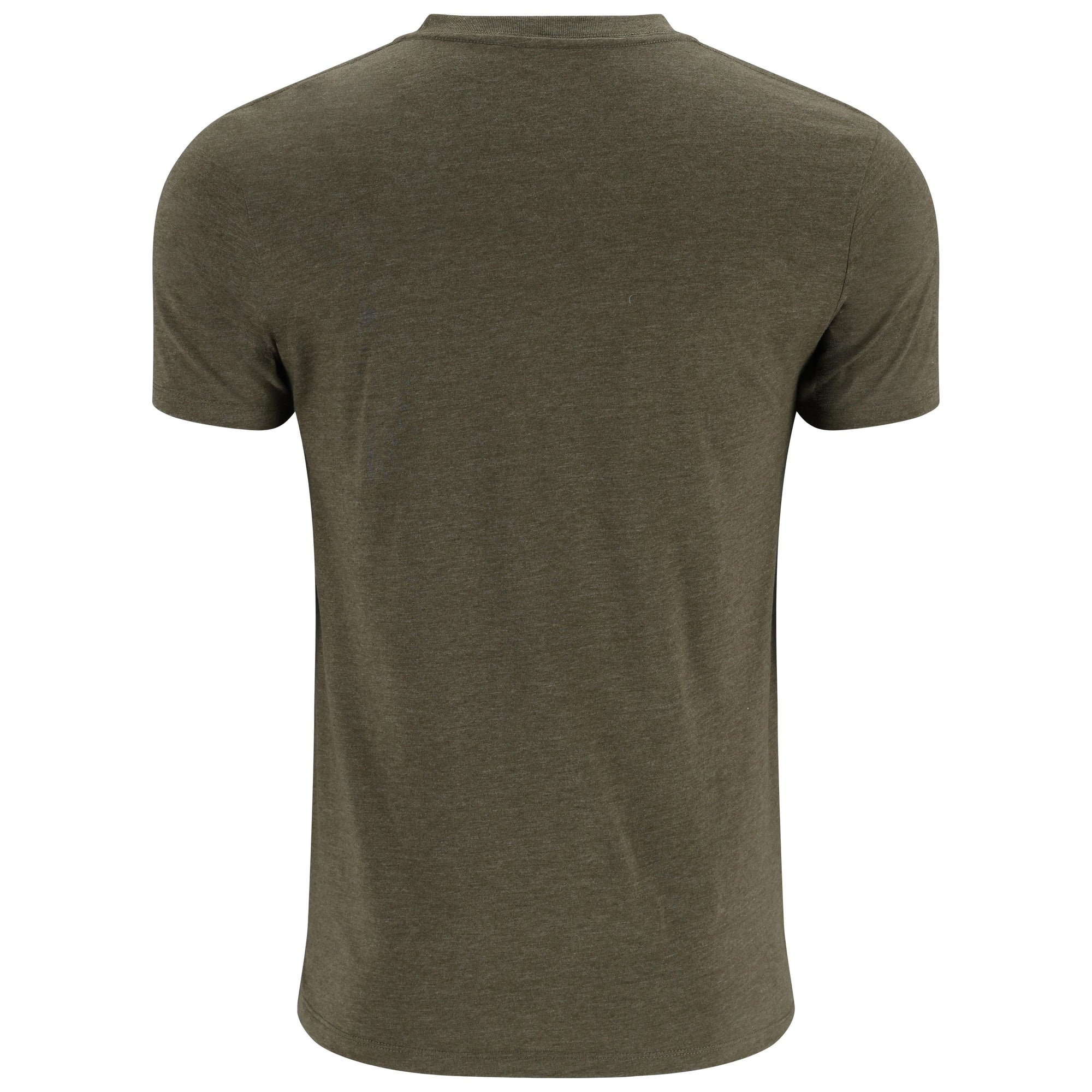 Olive green heathered short sleeve t-shirt shown from back view on white background
