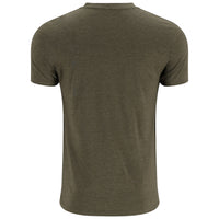 Olive green heathered short sleeve t-shirt shown from back view on white background