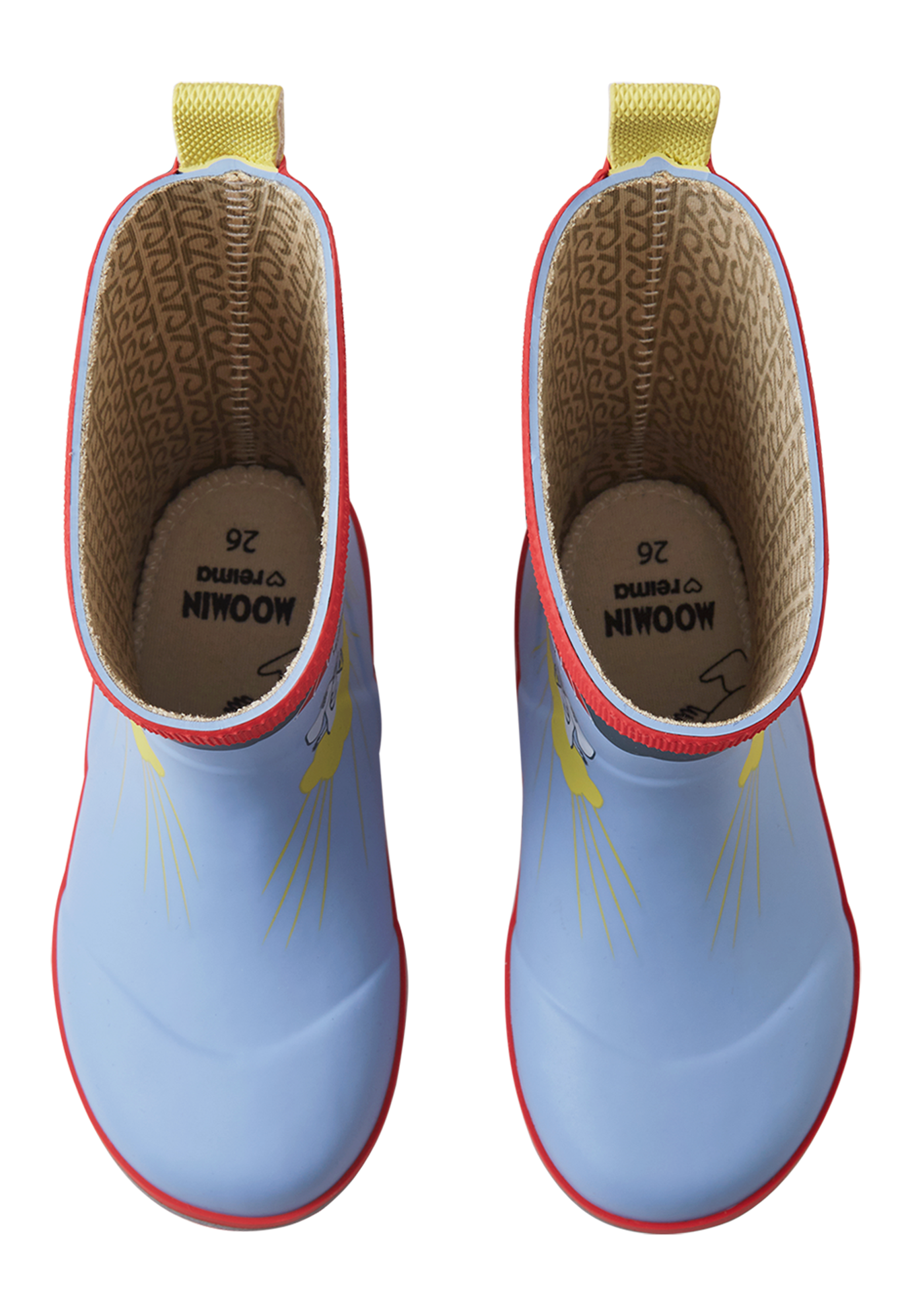 Light blue children's rain boots with character design, viewed from above showing interior