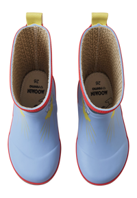 Light blue children's rain boots with character design, viewed from above showing interior