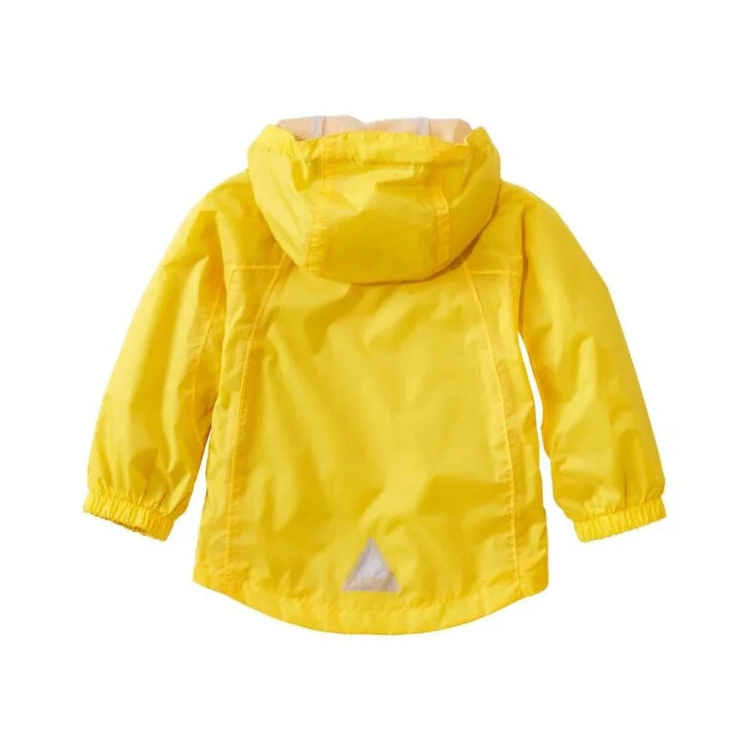 Children's bright yellow hooded rain jacket with elastic cuffs and reflective detail, back view