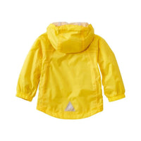 Children's bright yellow hooded rain jacket with elastic cuffs and reflective detail, back view