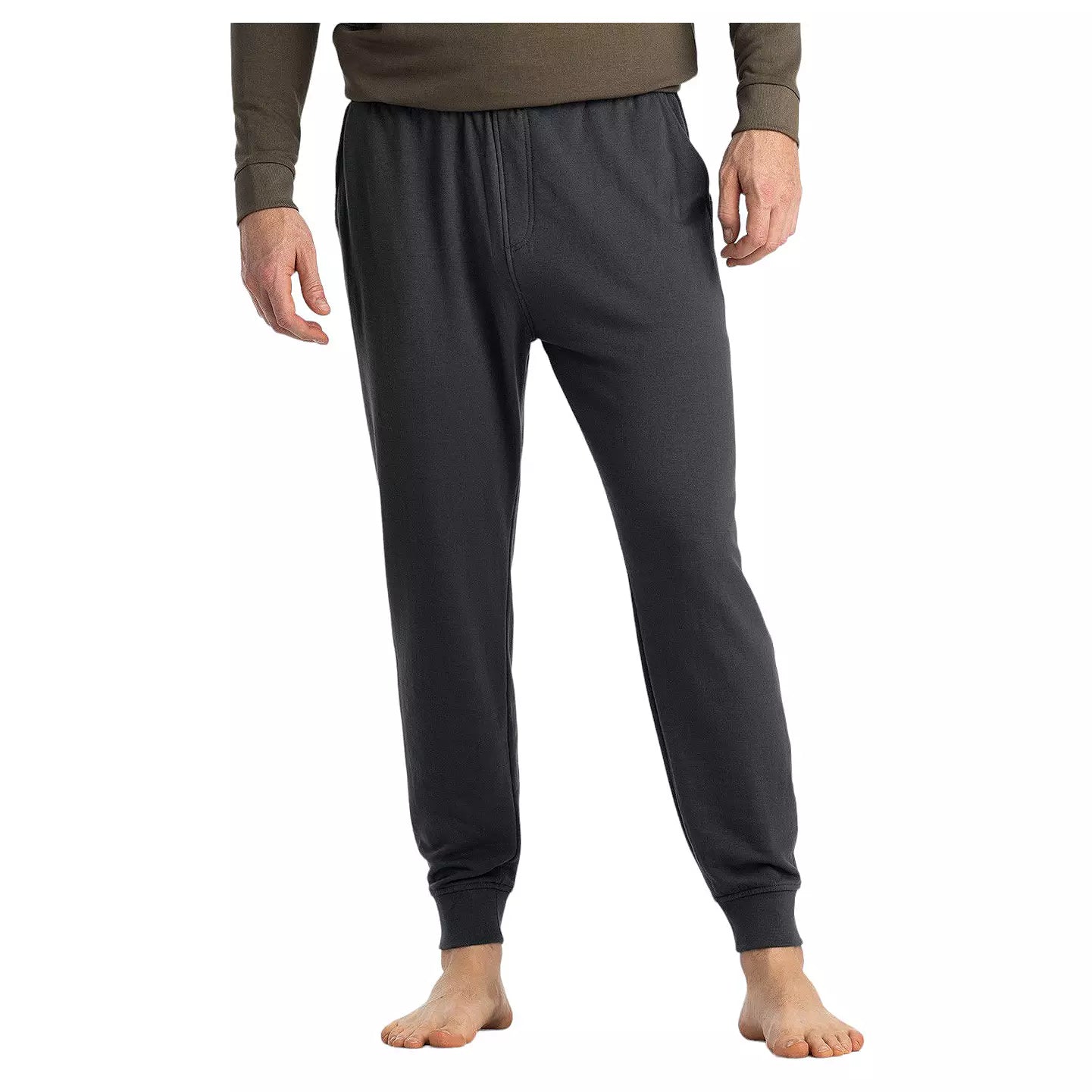 Men's dark charcoal jogger pants with elastic waistband, tapered leg, and ribbed cuffs, front view