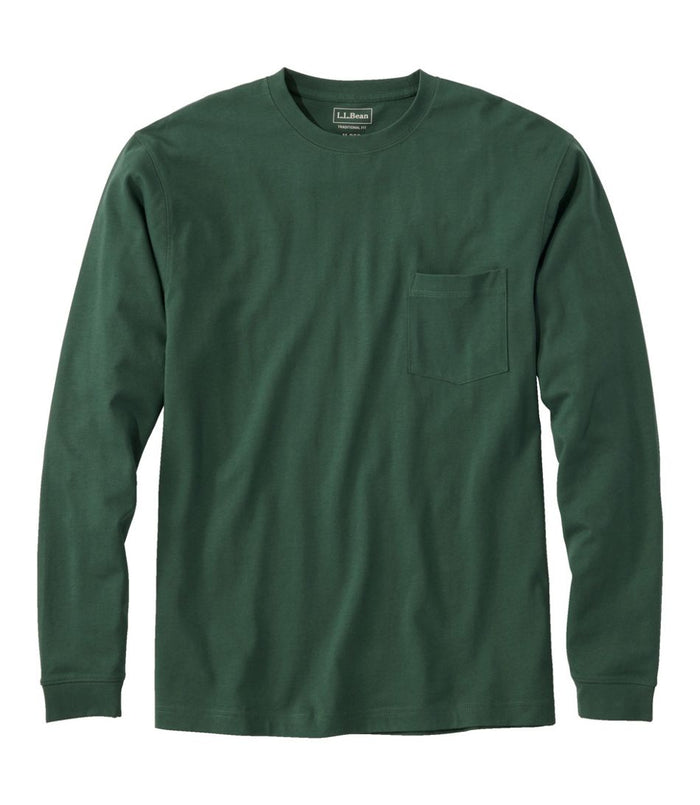 L.L. Bean Ms Carefree Unshrinkable Tee w/ Pocket Long-Sleeve - Regular Pine Green