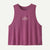 Purple sleeveless cropped tank top with mountain graphic and text logo on chest