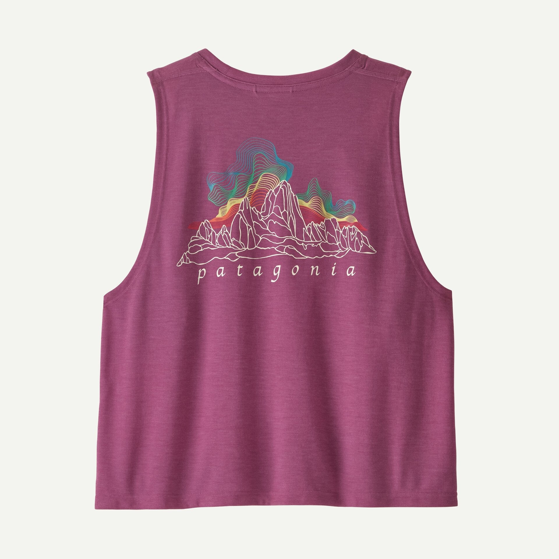 Purple sleeveless tank top with mountain graphic design, back view on clean background