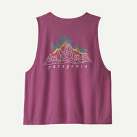 Purple sleeveless tank top with mountain graphic design, back view on clean background