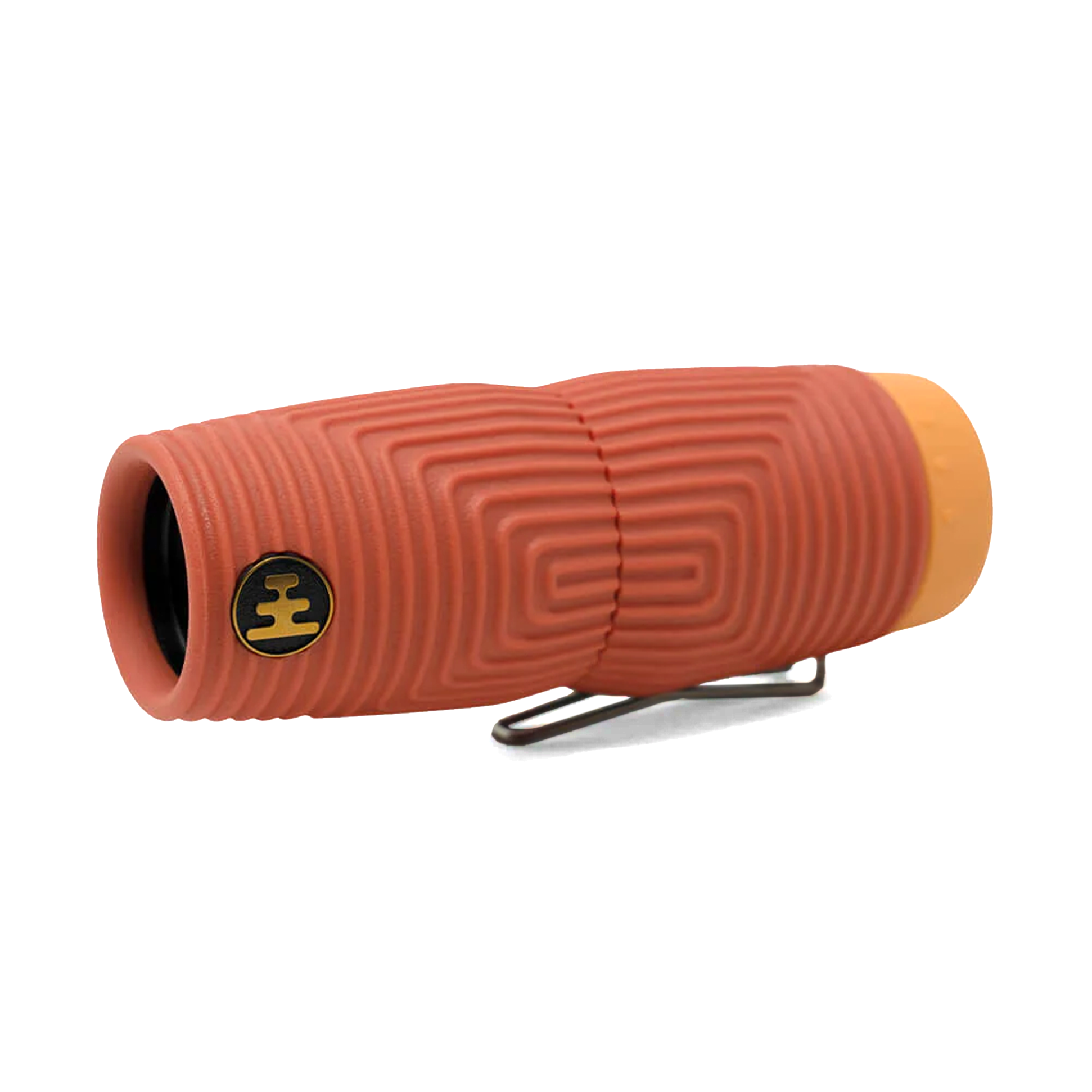 Compact monocular with textured red rubber grip, clip, and orange lens cap, side view