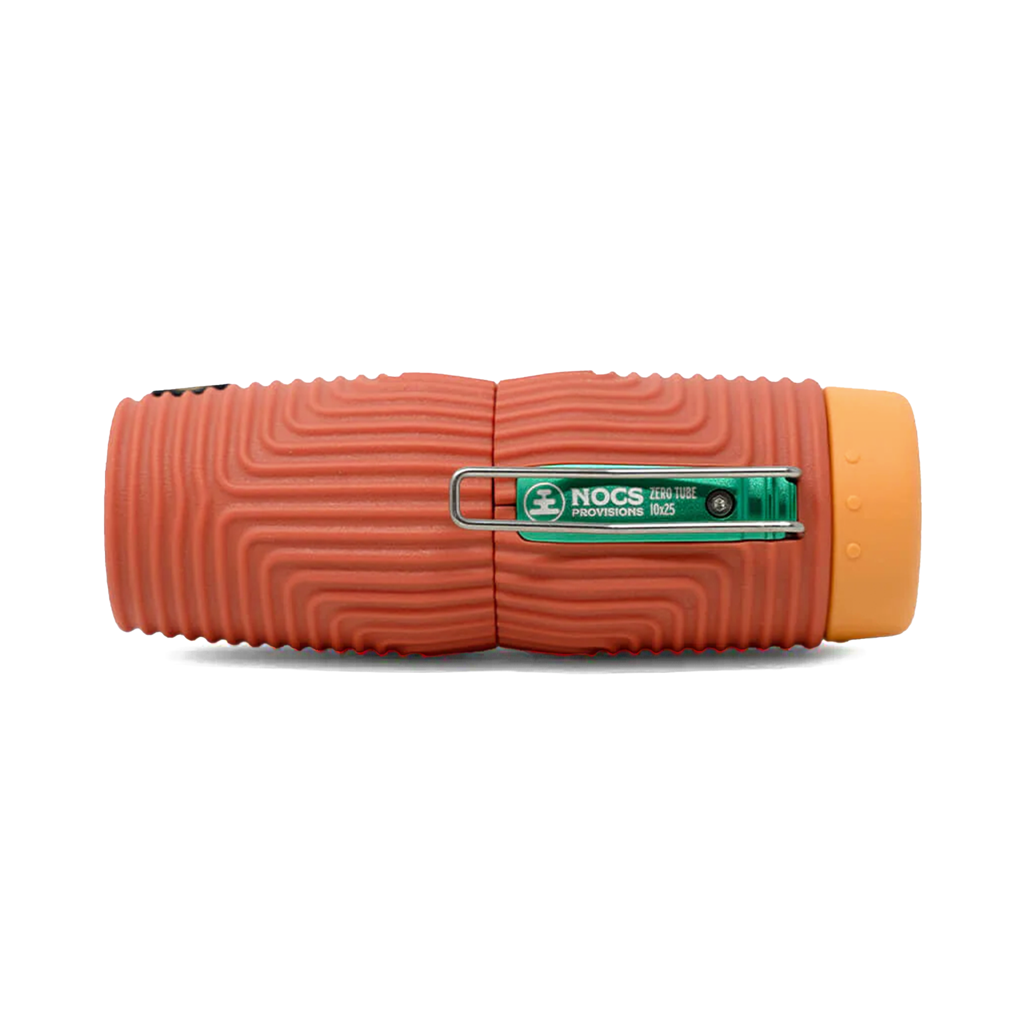 Compact monocular telescope with textured red rubber grip and orange lens cap, side view