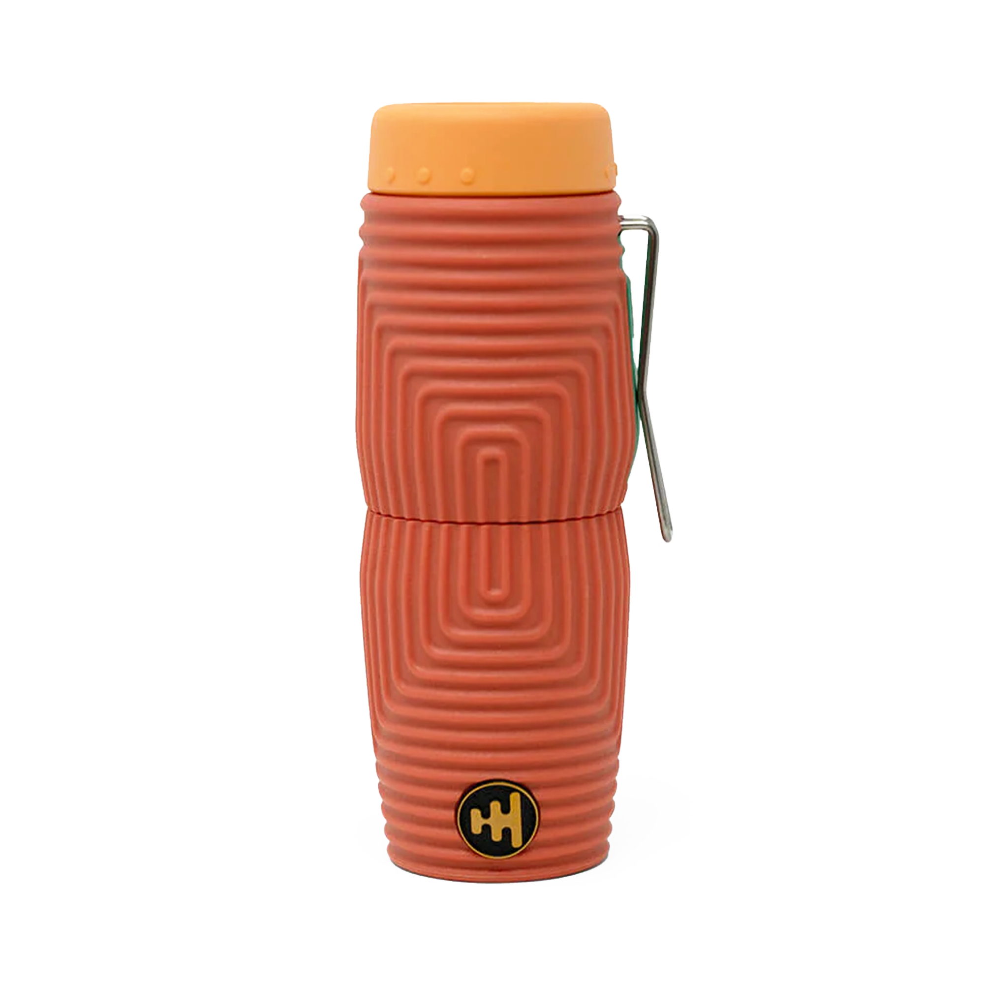 Compact monocular with ribbed terracotta silicone sleeve, orange cap, and metal clip, front view